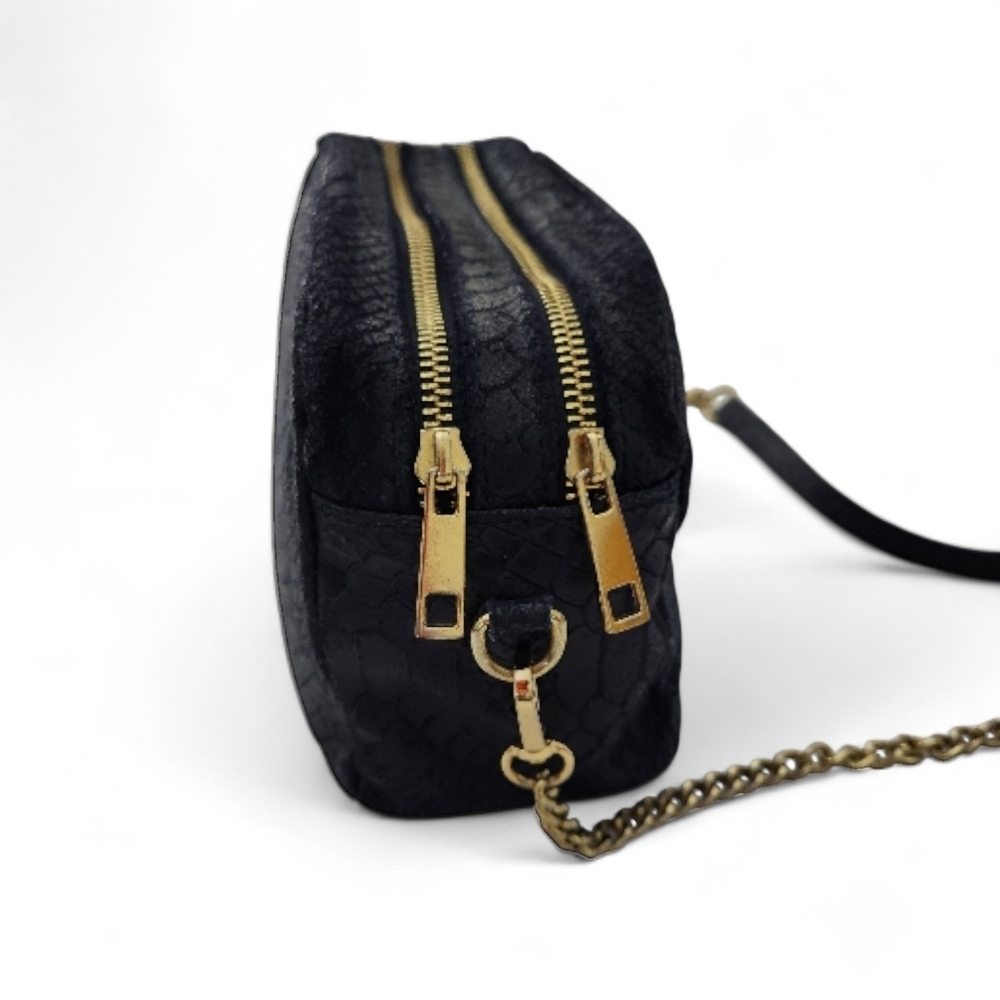 Dark Navy Genuine Leather Crossbody Bag – Python Texture Double-Zip - Picture 3 of 14